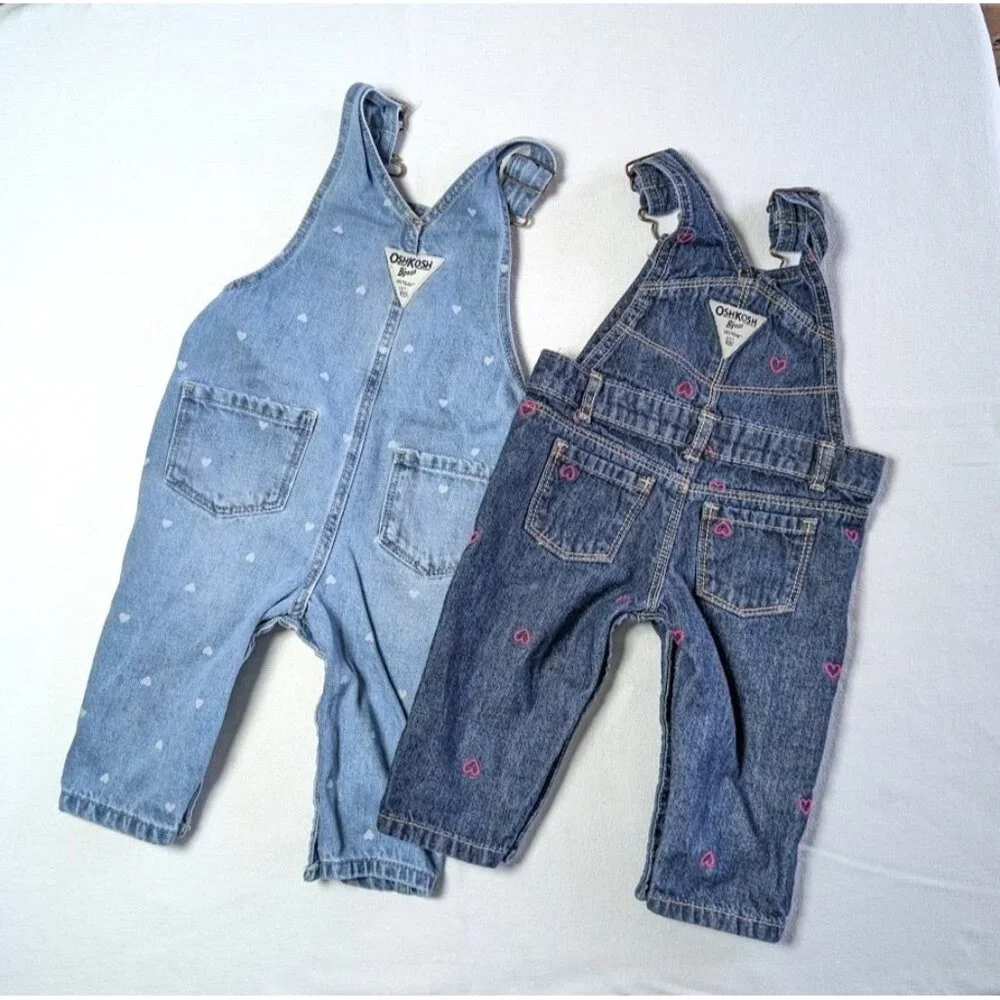 2‎ Set Oshkosh B'Gosh Bib Overalls Baby Infant Size 6 Months Hearts Embroidered